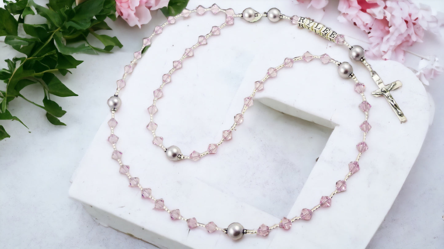 Crystal & Pearl Personalized Rosary Beads, Boys or Girls First Communion