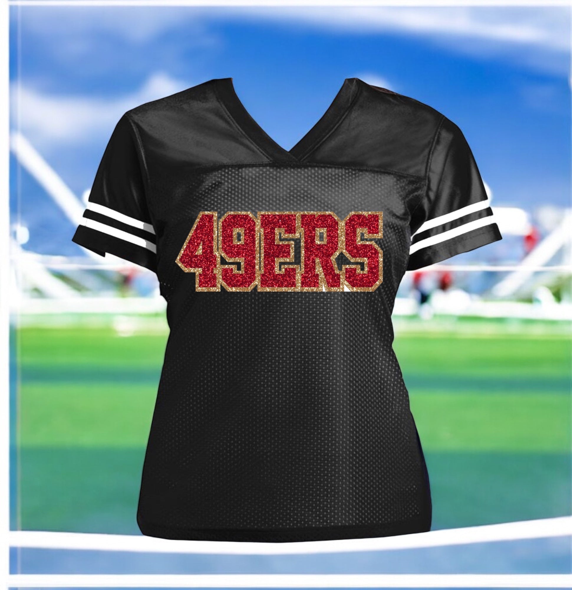 Black Red & Gold 49ers Glitter Women's Jersey Shirt, San Francisco Nin Sparklez Apparel Black Red & Gold 49ers Glitter Women's Jersey Shirt, San Francisco Nin Sparklez Apparel