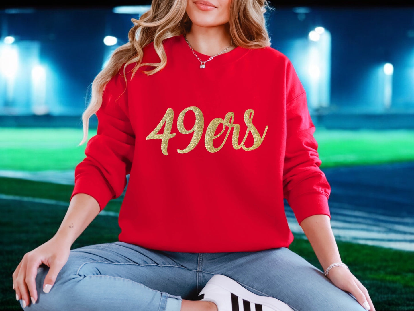 49ers Glitter Crewneck Sweatshirt in Red with Gold Sparkly Lettering