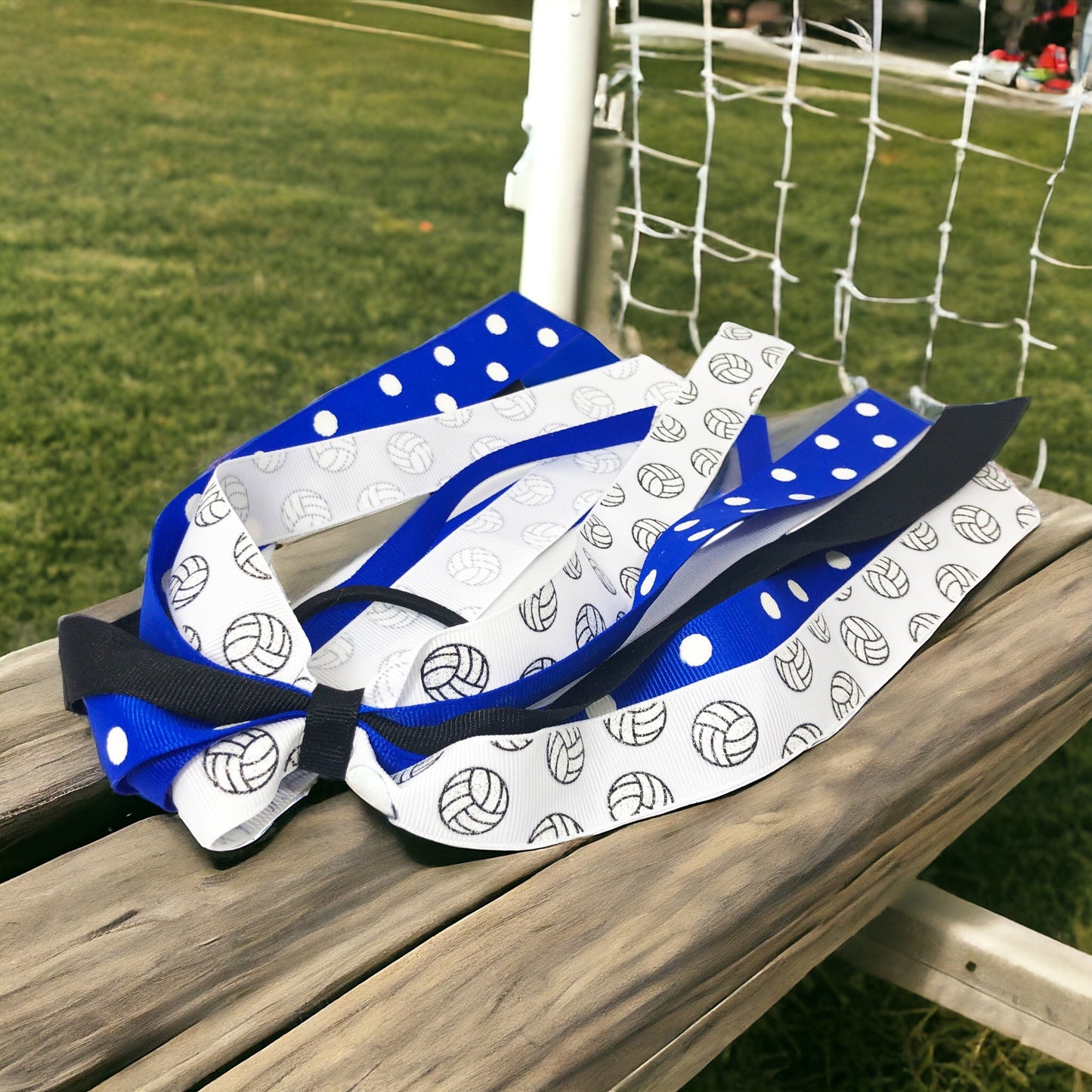Electric Blue Black White Volleyball Glitter Ponytail Bow, Hair Tie for Girls Sports Team