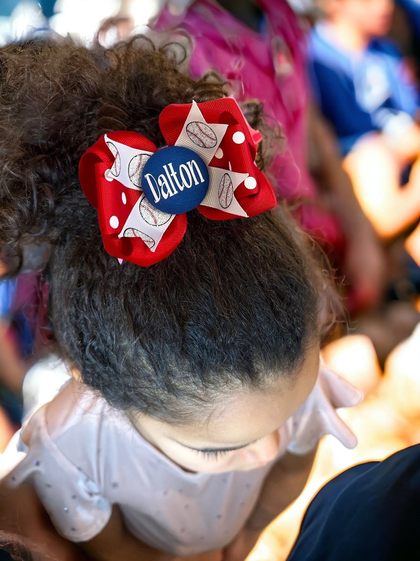 Cute Cheerleader Glitter Hair Bow in Her Name, Blue White or Your Colors