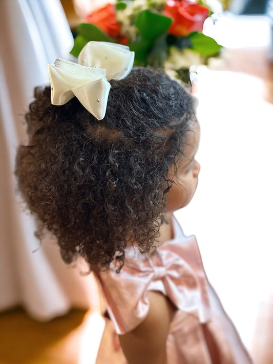 Ivory Satin Rhinestone & Tulle Hair Bow Clip, Flower Girl HairBow, Wedding, First Communion