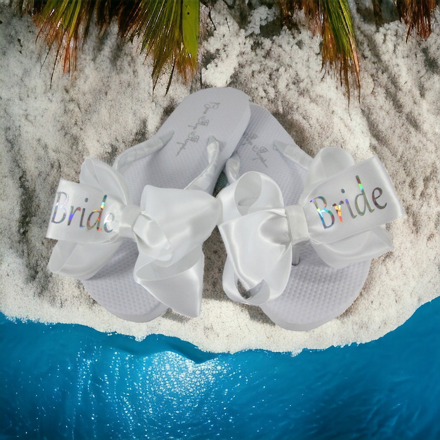 Ivory Bride Bow Flip Flops with Holographic Prism Lettering