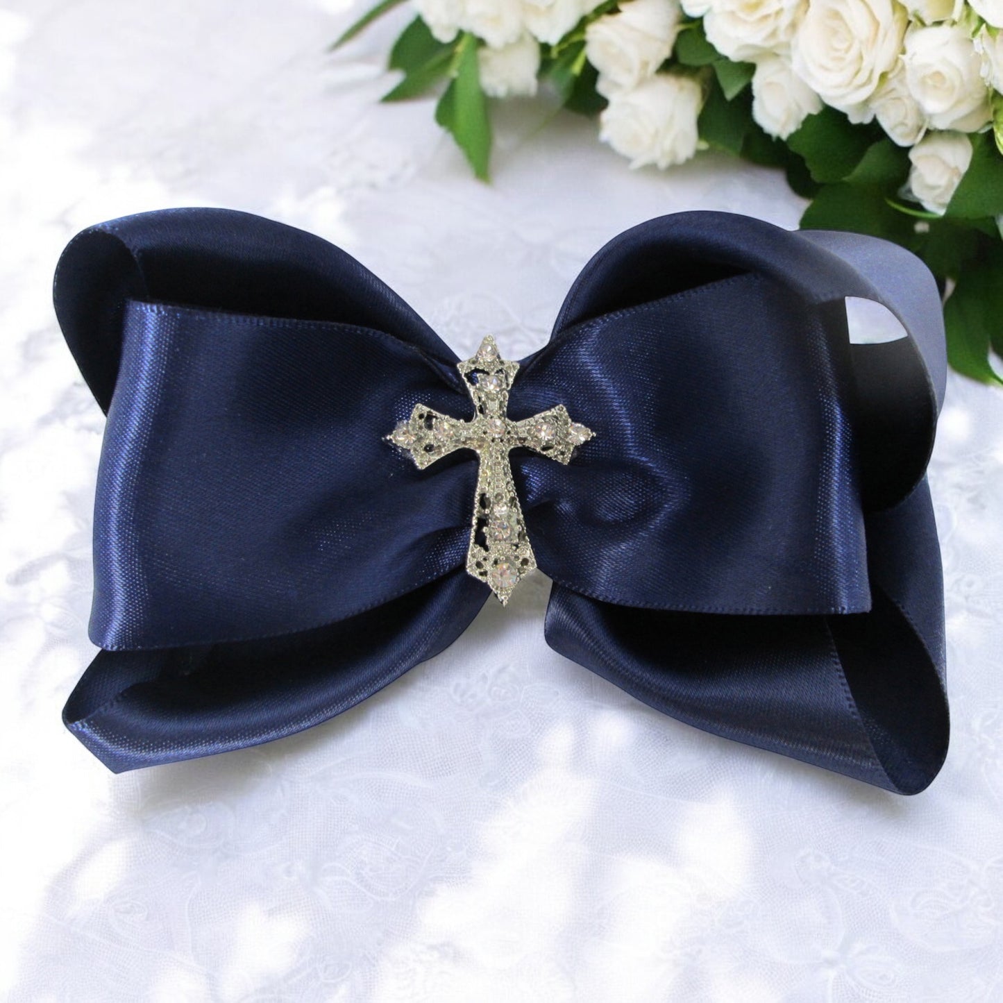 White Cross Rhinestone Hair Bow Clip, Baby or Big Girl, Baptism, Communion