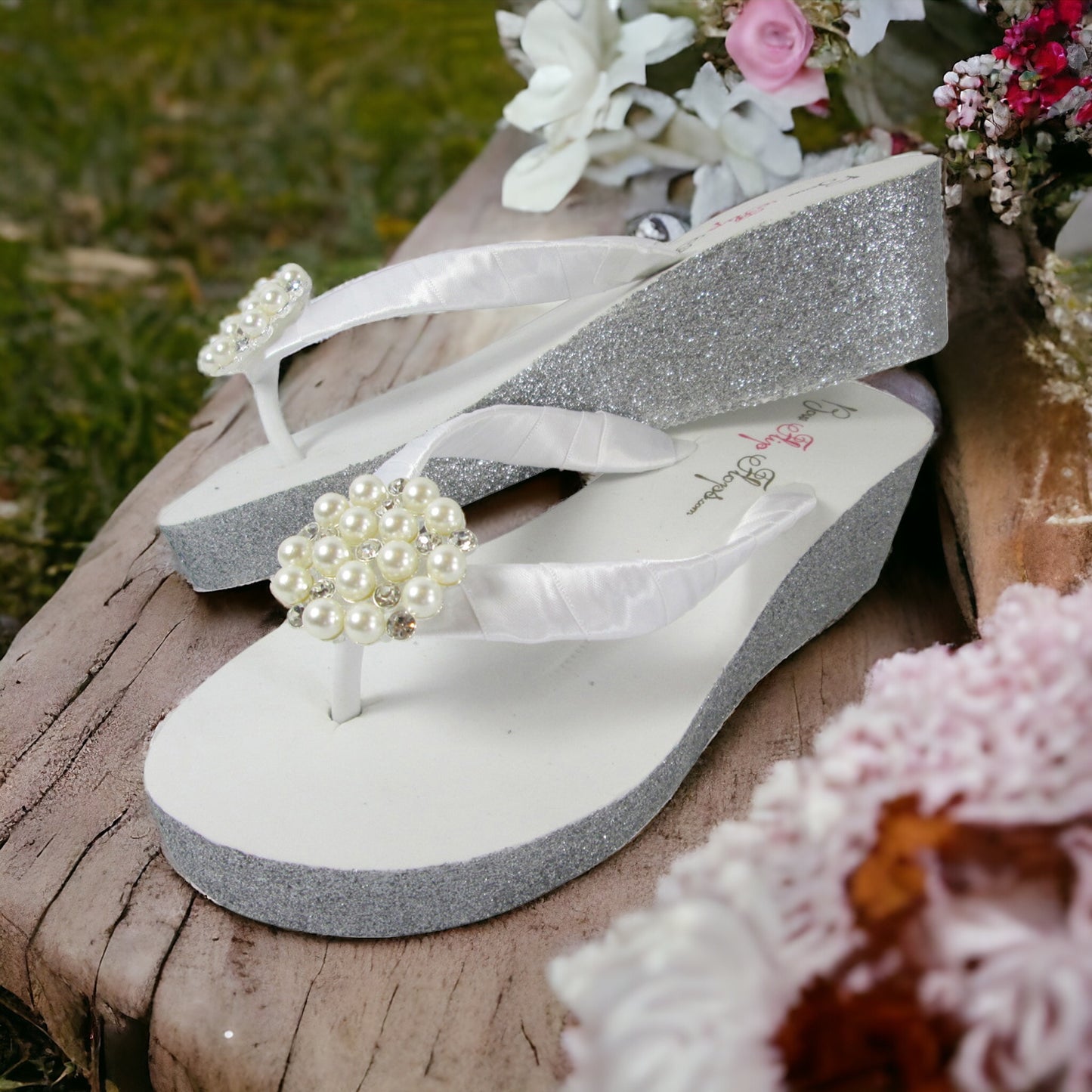Wedge Heel Glitter Flip Flops, Rhinestone Princess Tiara, Ivory Black Champagne, Choose Your Colors