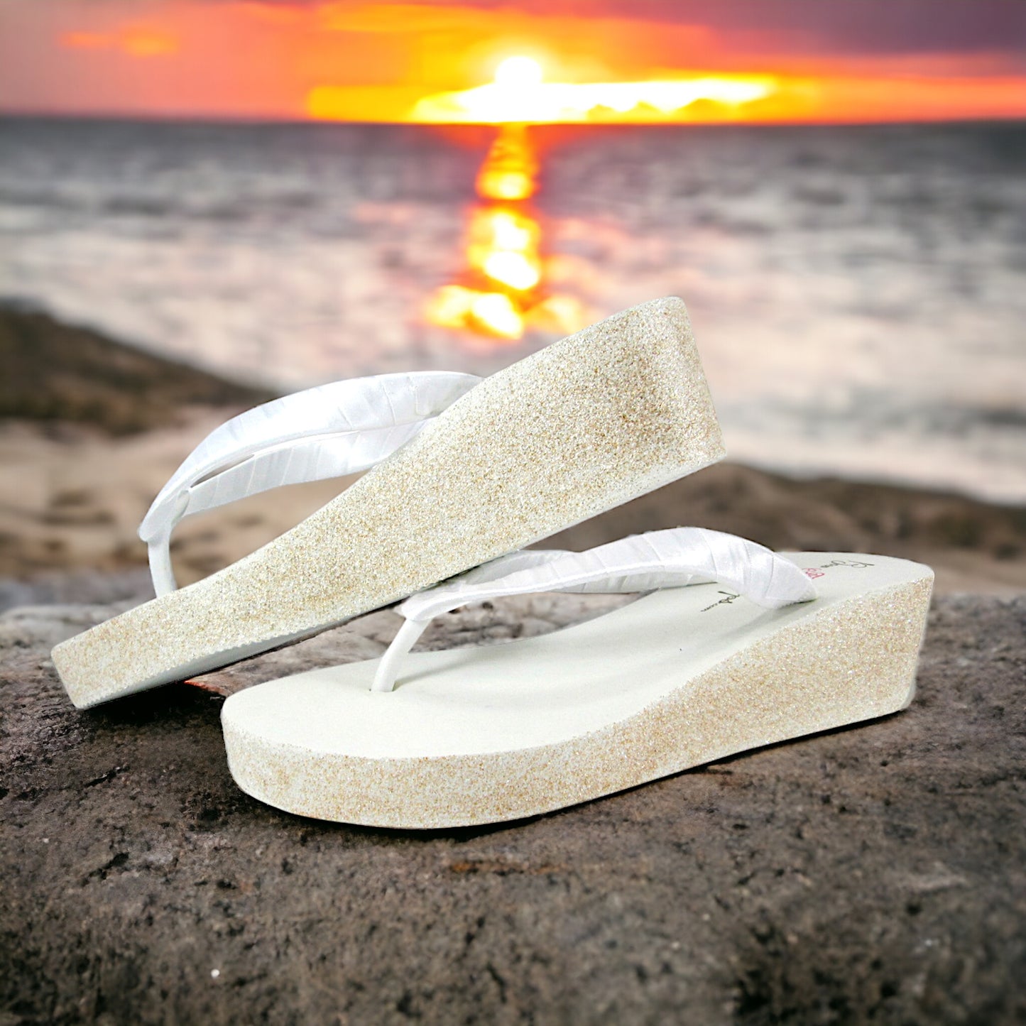 Gold Glitter 2 Inch Wedge Heel Flip Flops, Choose Height & Colors