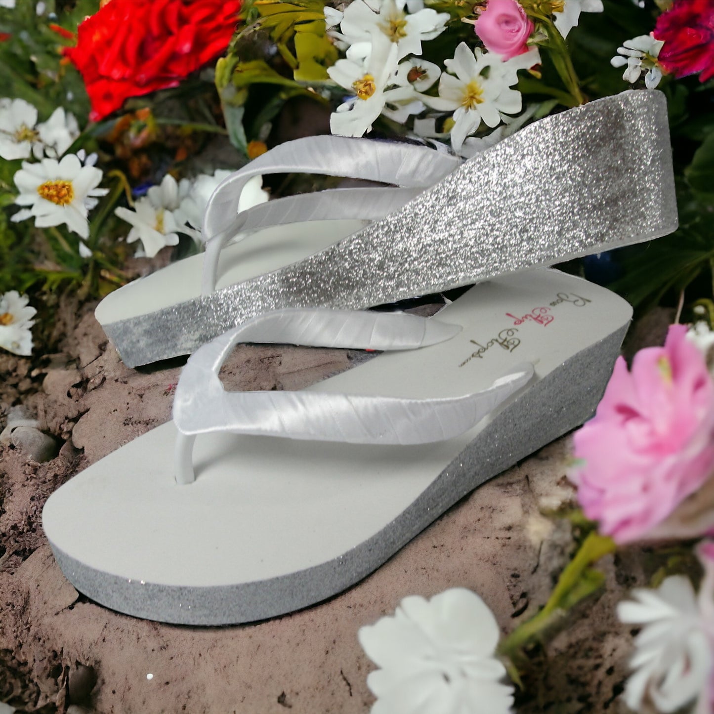 Gold Glitter 2 Inch Wedge Heel Flip Flops, Choose Height & Colors