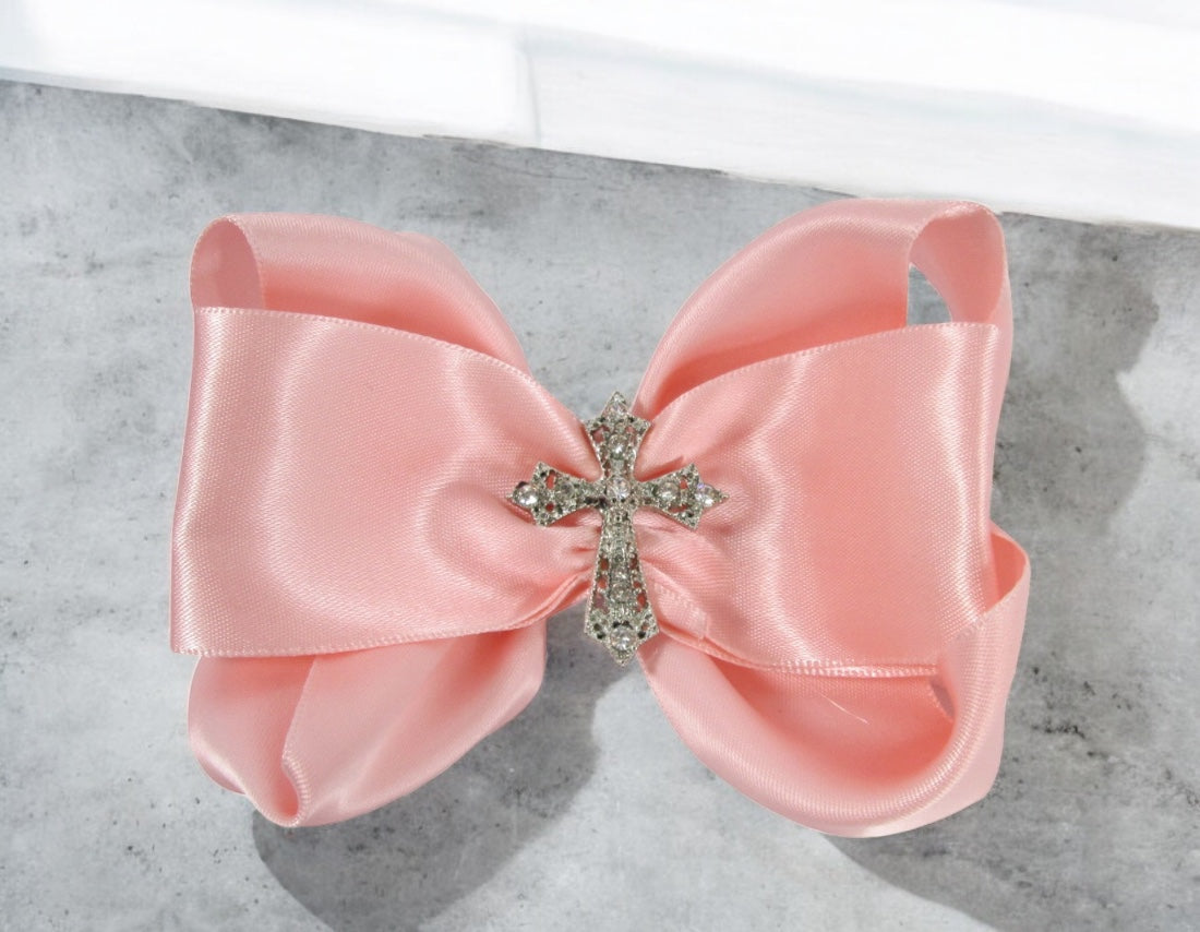 White Cross Rhinestone Hair Bow Clip, Baby or Big Girl, Baptism, Communion