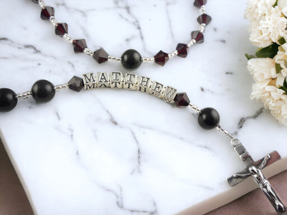 Pink Crystal & Pearl Rosary with Name, Baptism First Communion Gift