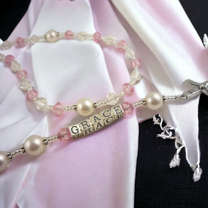 White Opal Crystal & Pearl Customizable Rosary, Prayer Beads, Baptism or First Communion Wedding Gift