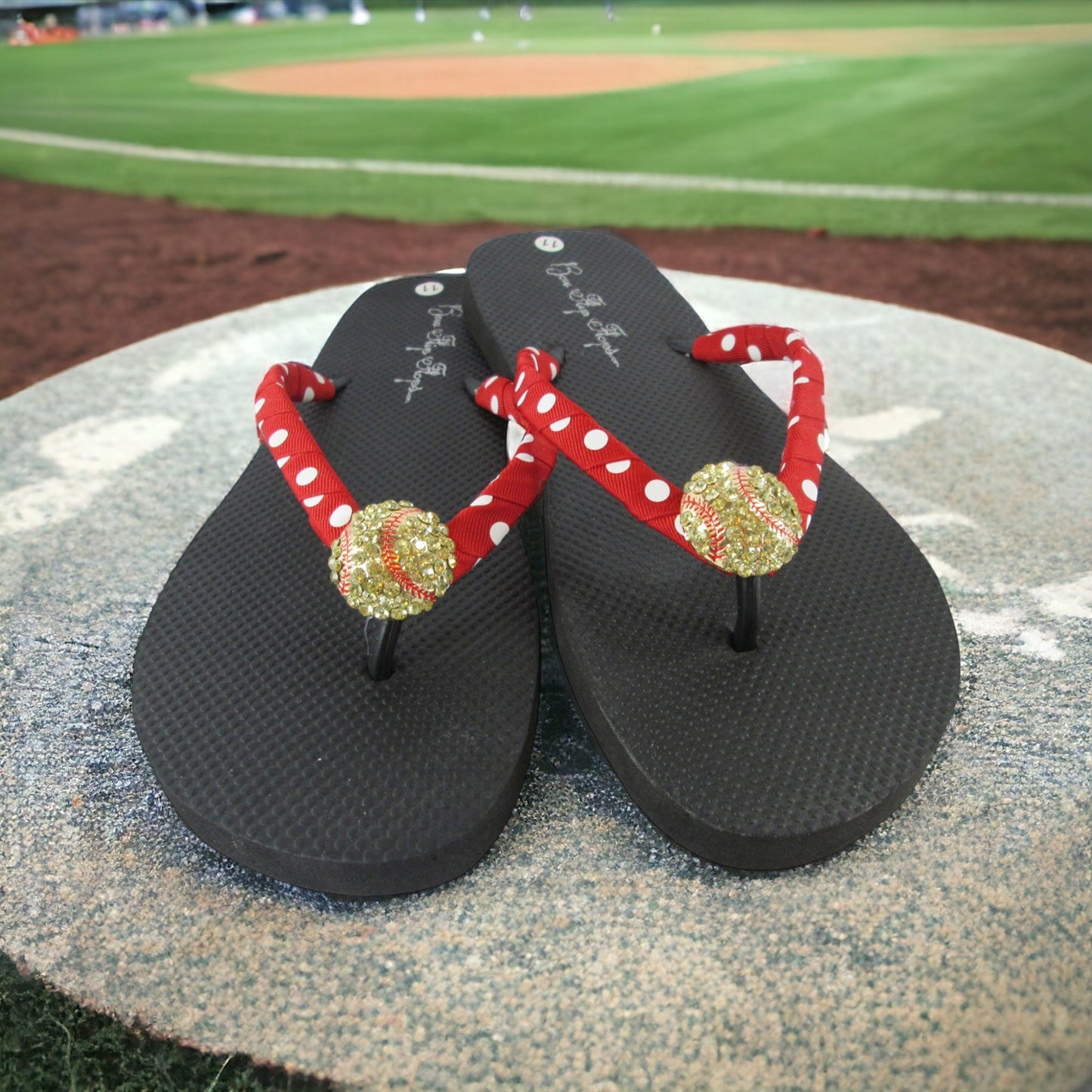 Cute Bling Softball Rhinestone Flip Flops, Ladies & Girls, Choose Ribbon Color
