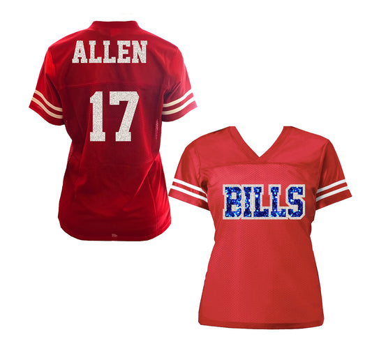 Bills Allen Glitter Women's Football Jersey, Red Royal Blue White Sparkles