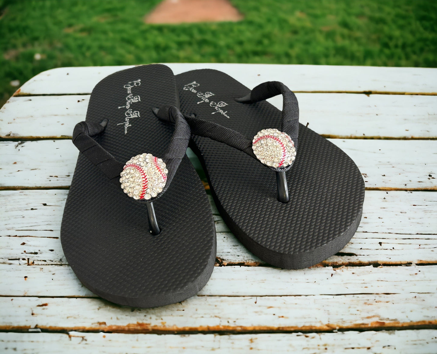 Black Polka Dot Baseball Rhinestone Flip Flops for Ladies & Girls Sports Sandals - Customizable