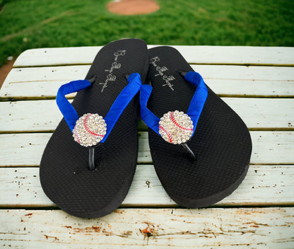 Black Baseball Rhinestone Flip Flops, Sandals for Ladies and Girls, Sports Moms