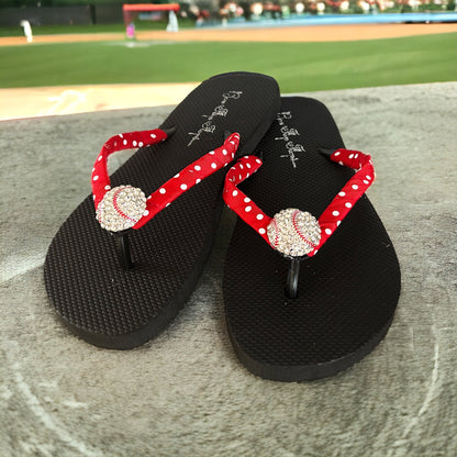 Black Baseball Rhinestone Flip Flops, Sandals for Ladies and Girls, Sports Moms