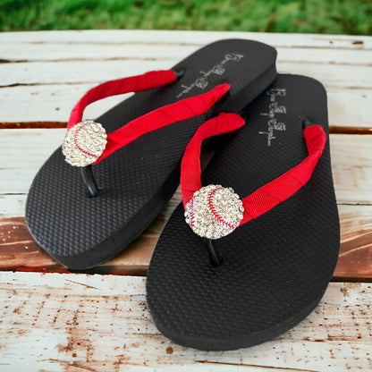 Black Polka Dot Baseball Rhinestone Flip Flops for Ladies & Girls Sports Sandals - Customizable