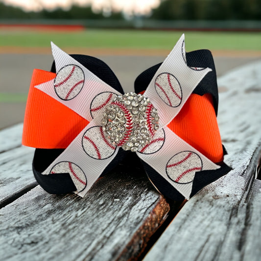 Baseball Rhinestone Glitter Ribbon Hair Bow - Customize Team Colors