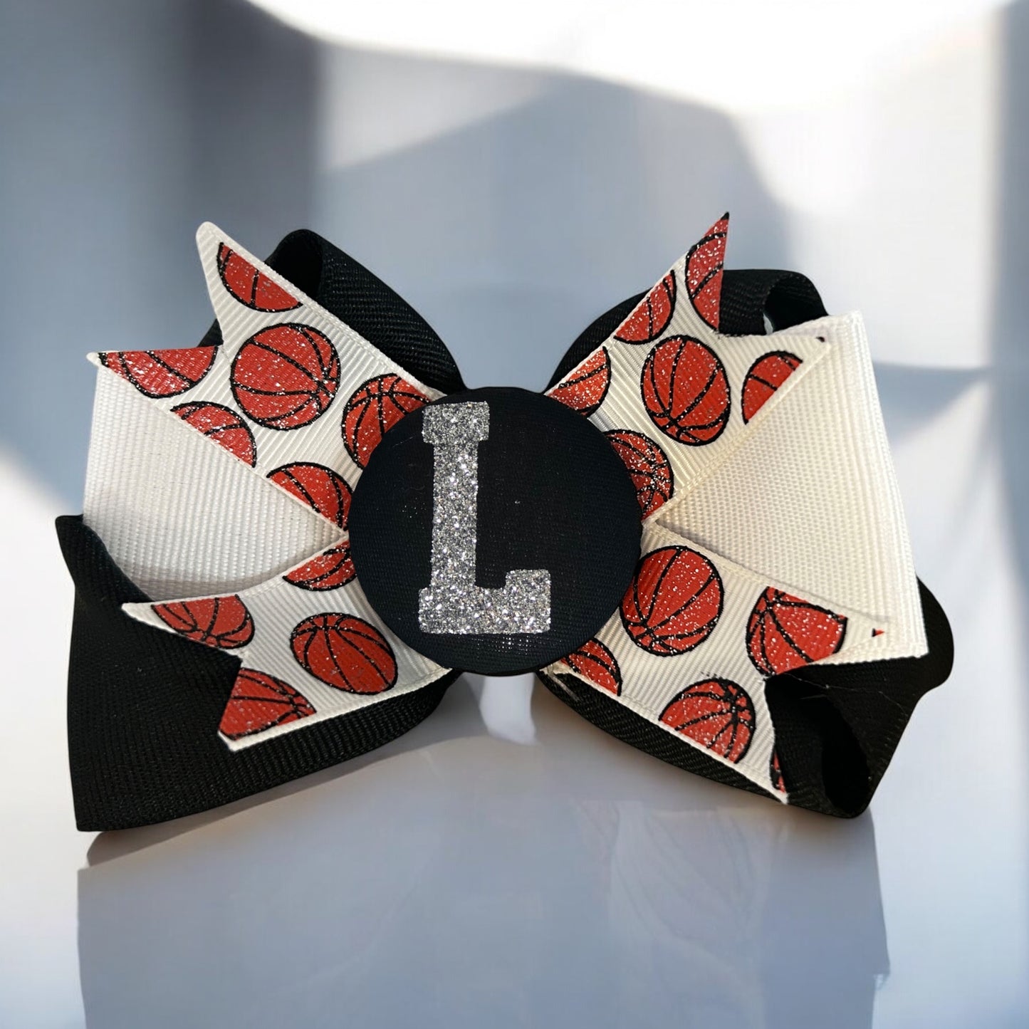 Basketball Glitter Initial Sports Hair Bow Clip for Girls in Team School Colors