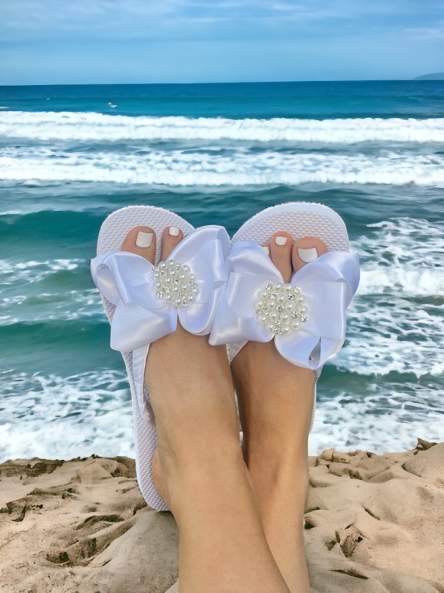 Bow Flip Flops with White Satin & Big Rhinestone Embellishment Sparkles