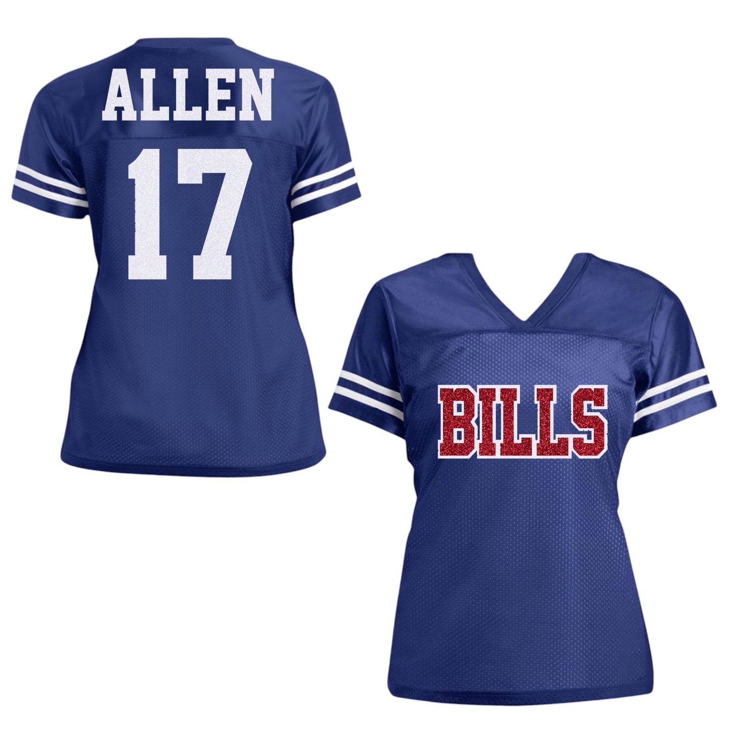 Bills Allen Glitter Women's Football Jersey, Red Royal Blue White Sparkles