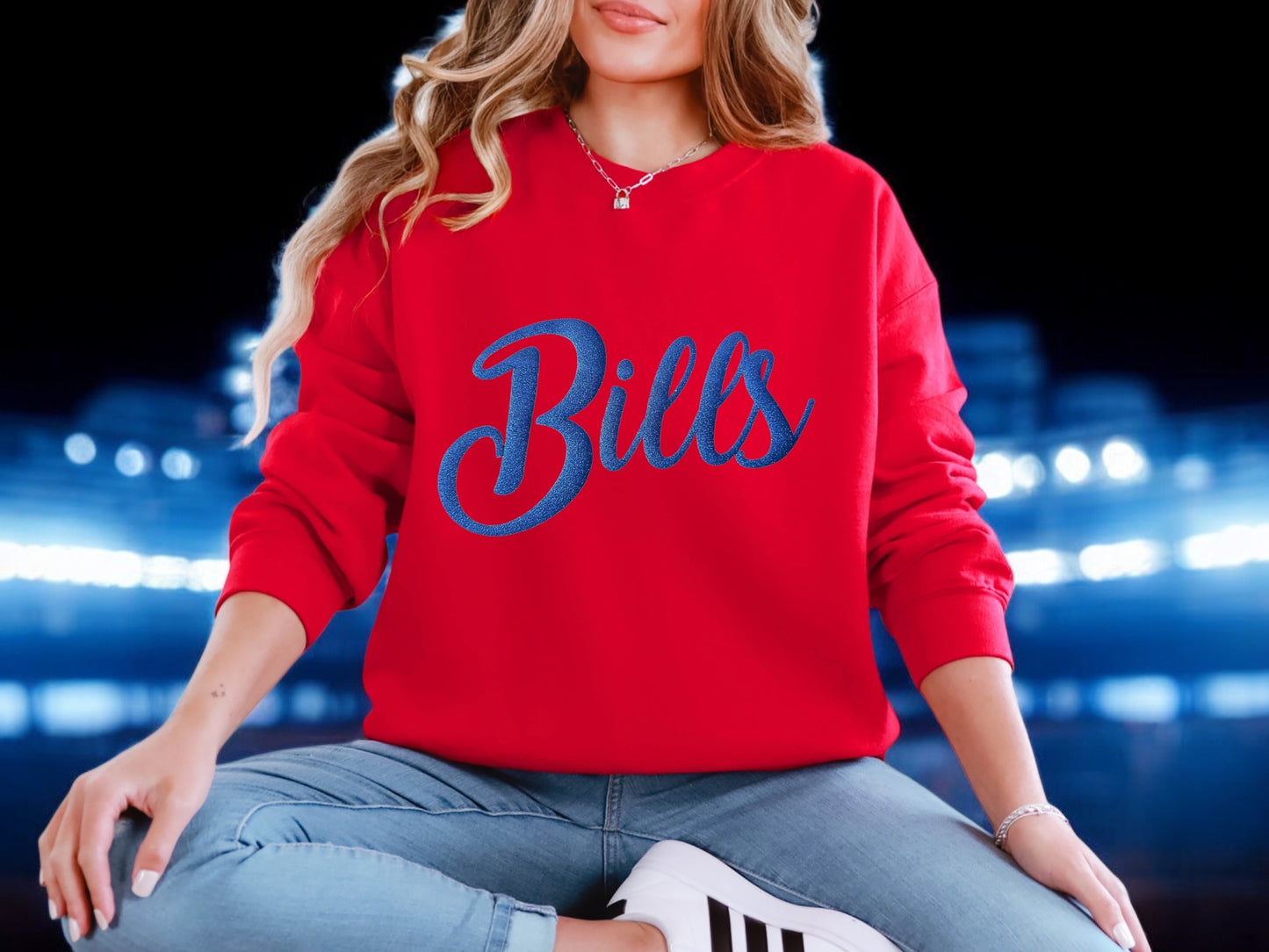 Gray & Royal Blue Bills Glitter Crewneck Sweatshirt for Women