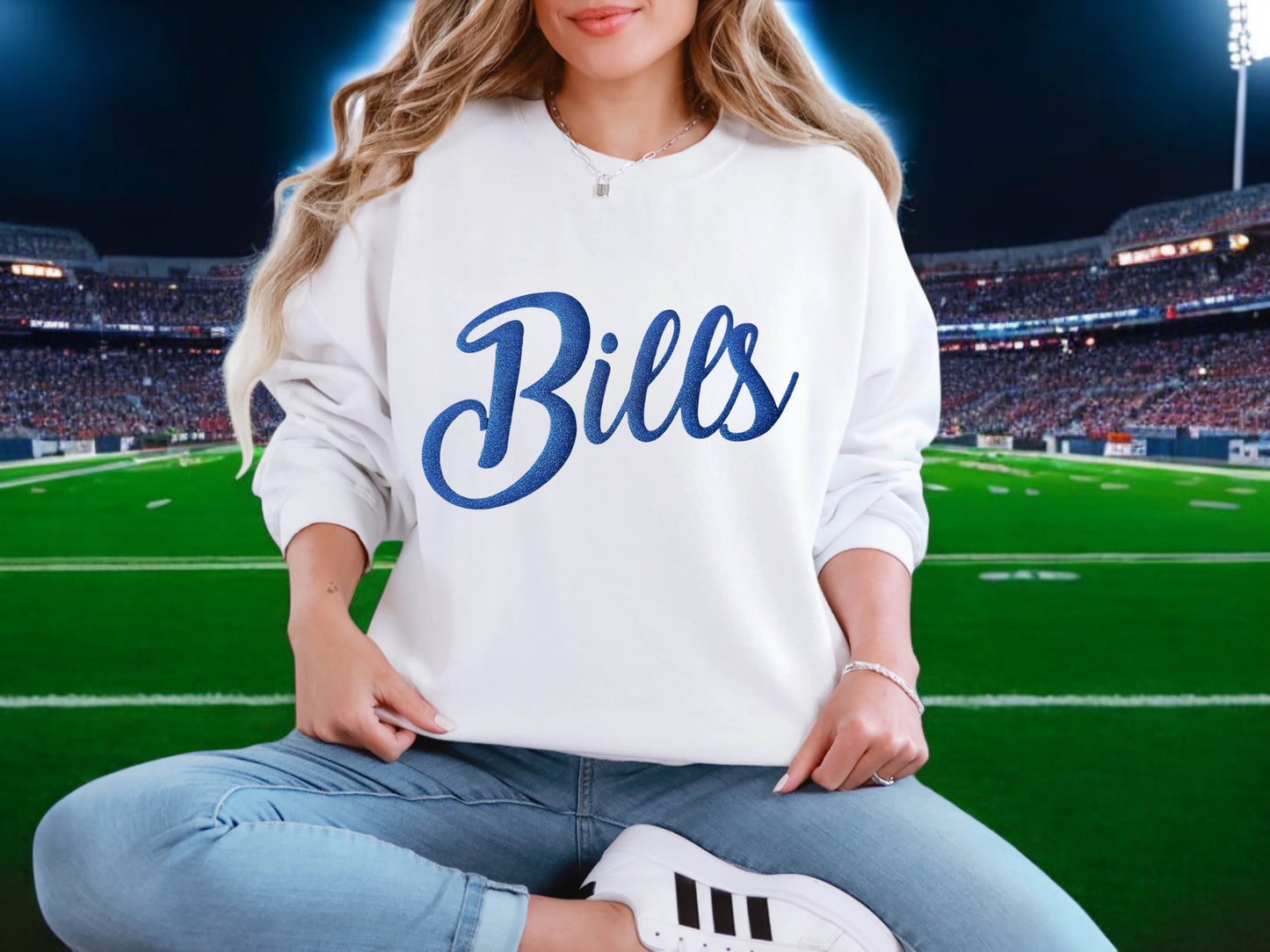 Gray & Royal Blue Bills Glitter Crewneck Sweatshirt for Women
