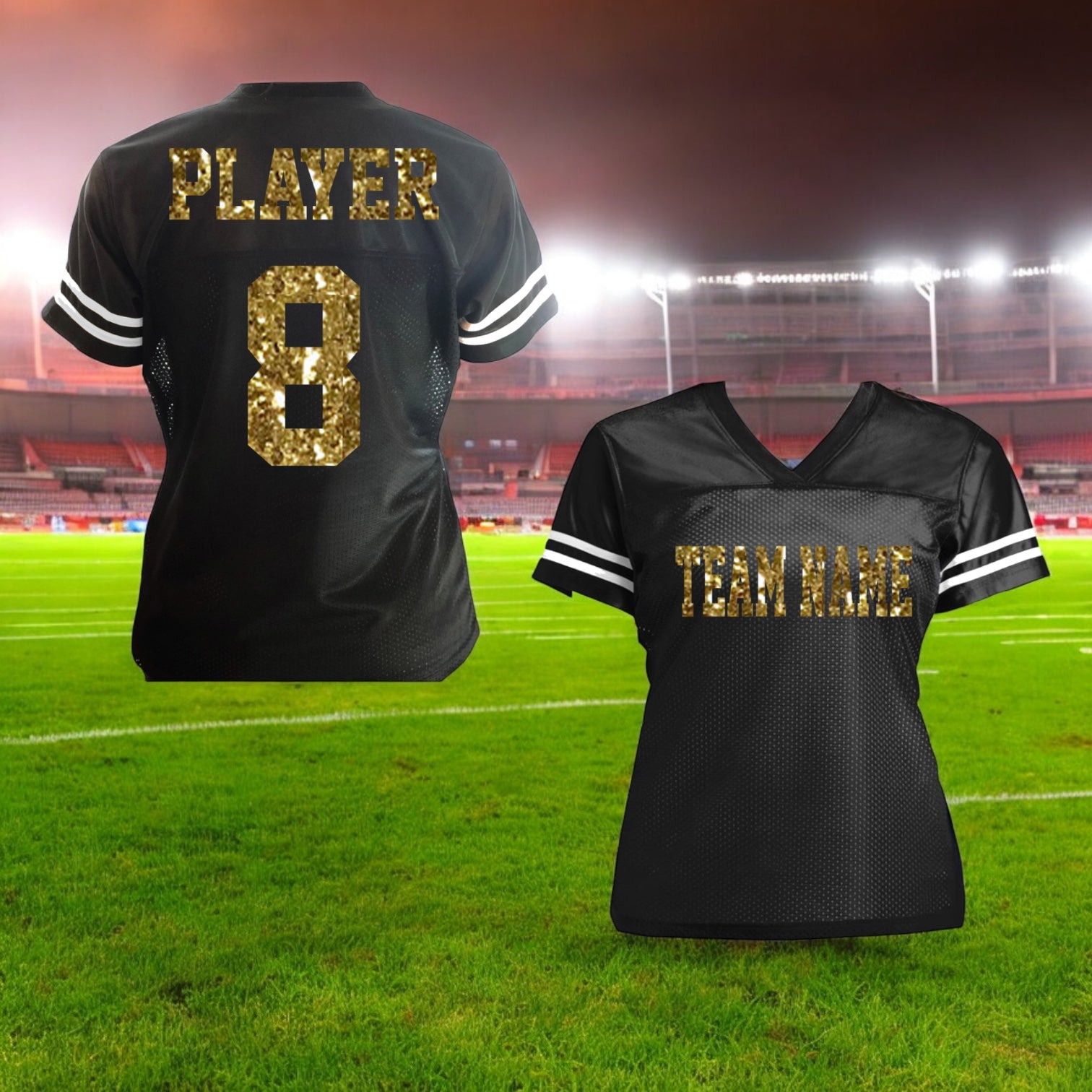 24 glitter helmet jersey football pick black & gold Black & Gold or Choose Your Colors Glitter Football Jersey for Women, – Sparklez Apparel