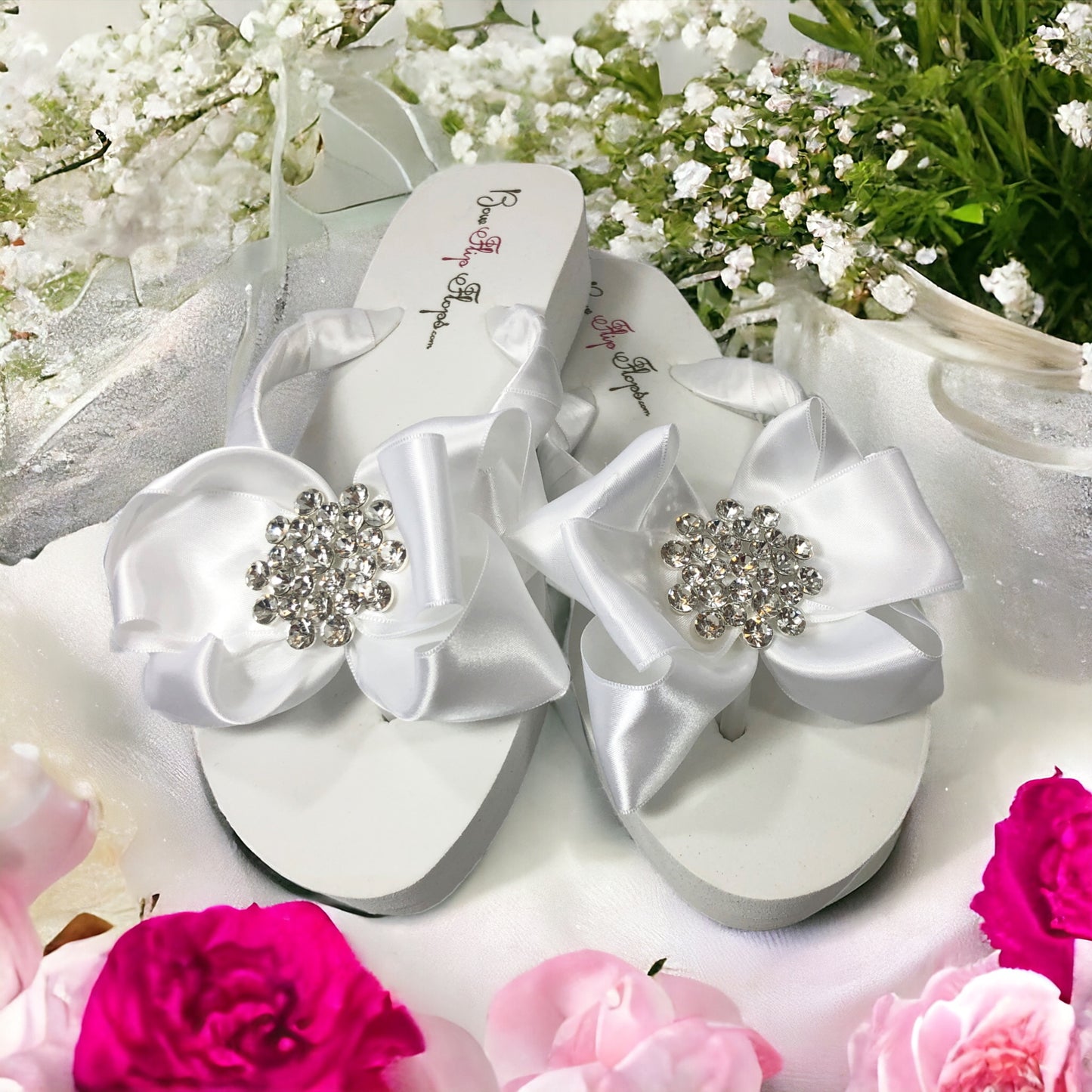 Bow Flip Flops with White Satin & Big Rhinestone Embellishment Sparkles