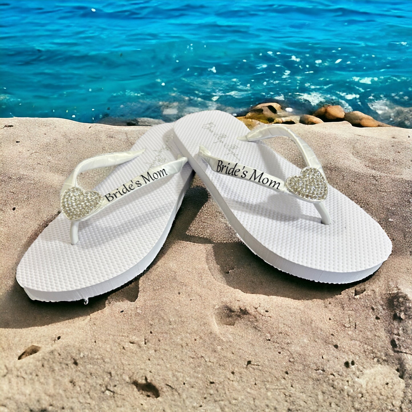 Wifey Flip Flops with Rhinestone Lace Embellishment , White Ivory & Silver