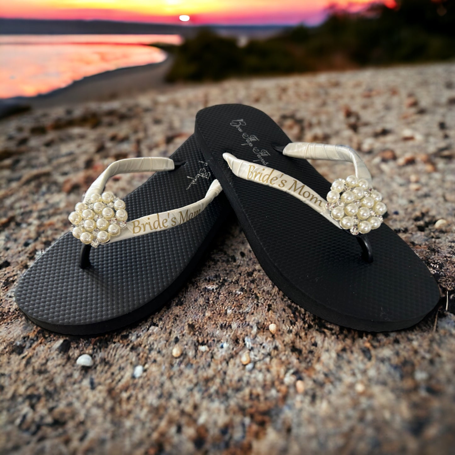 Wifey Flip Flops with Rhinestone Lace Embellishment , White Ivory & Silver