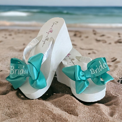 Royal Blue & White Glitter Bride Bow Flip Flops, Flat or Wedge Heel, Customize Colors