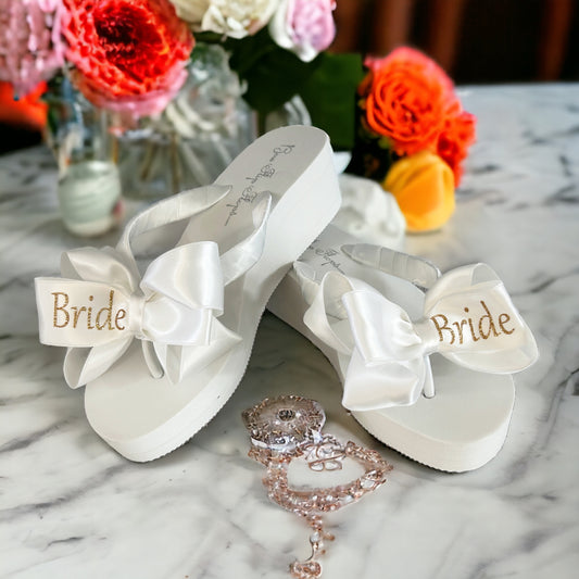 White & Champagne Bride Bow Flip Flops on 2 Inch Heel - Customize Your Colors & Height