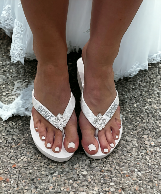 Bride Fleur de Lis Glitter Wedge or Flat Heel Flip Flops