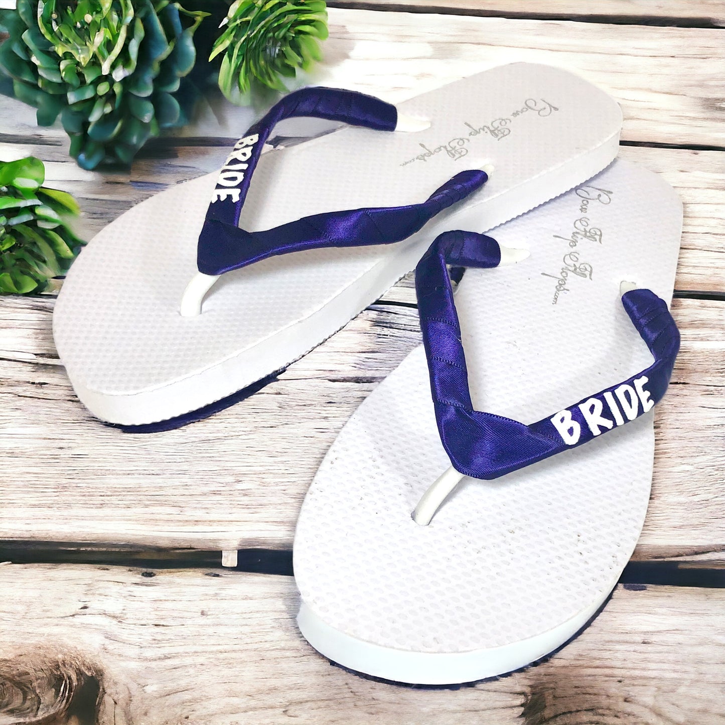 Flip Flops with Glitter Bride on Satin Straps -White Flat with Silver or Choose Your Wedding Colors