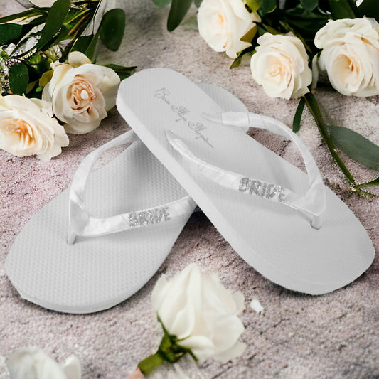 Flip Flops with Glitter Bride on Satin Straps -White Flat with Silver or Choose Your Wedding Colors