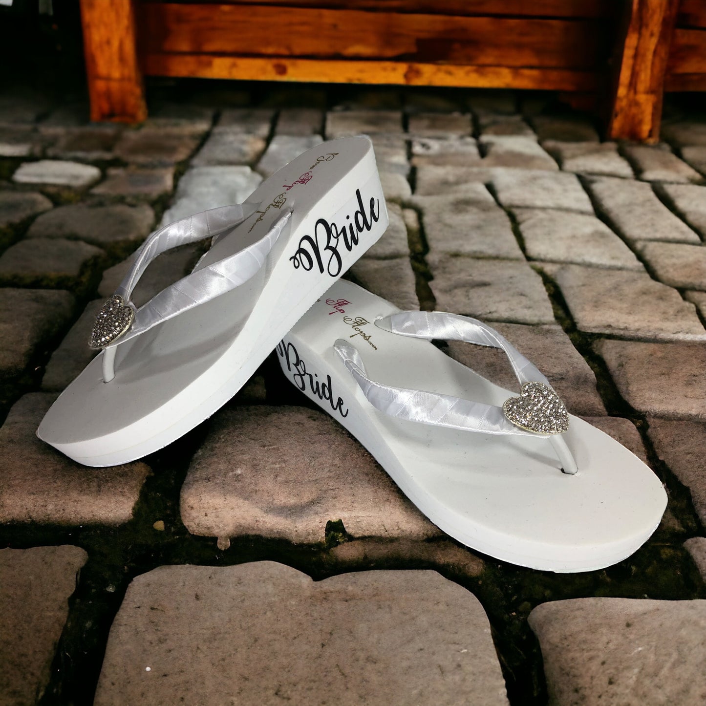 White & Silver Bride Wedge Heel Sandal Flip Flops with Large Jewel Rhinestone Bling