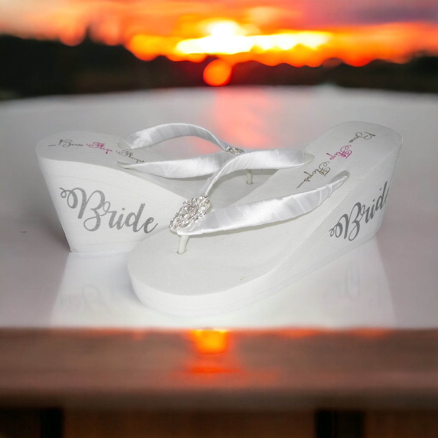 White & Silver Bride Wedge Heel Sandal Flip Flops with Large Jewel Rhinestone Bling
