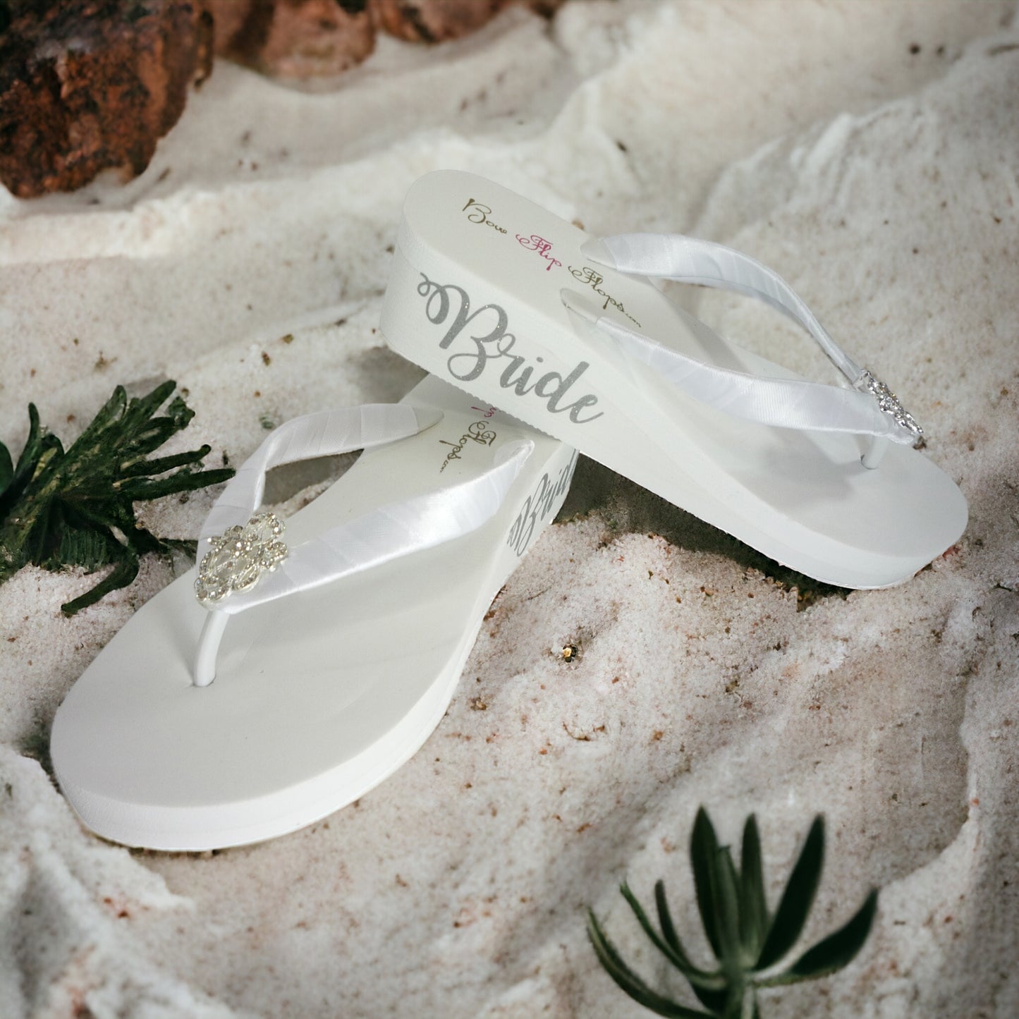 White & Silver Bride Wedge Heel Sandal Flip Flops with Large Jewel Rhinestone Bling