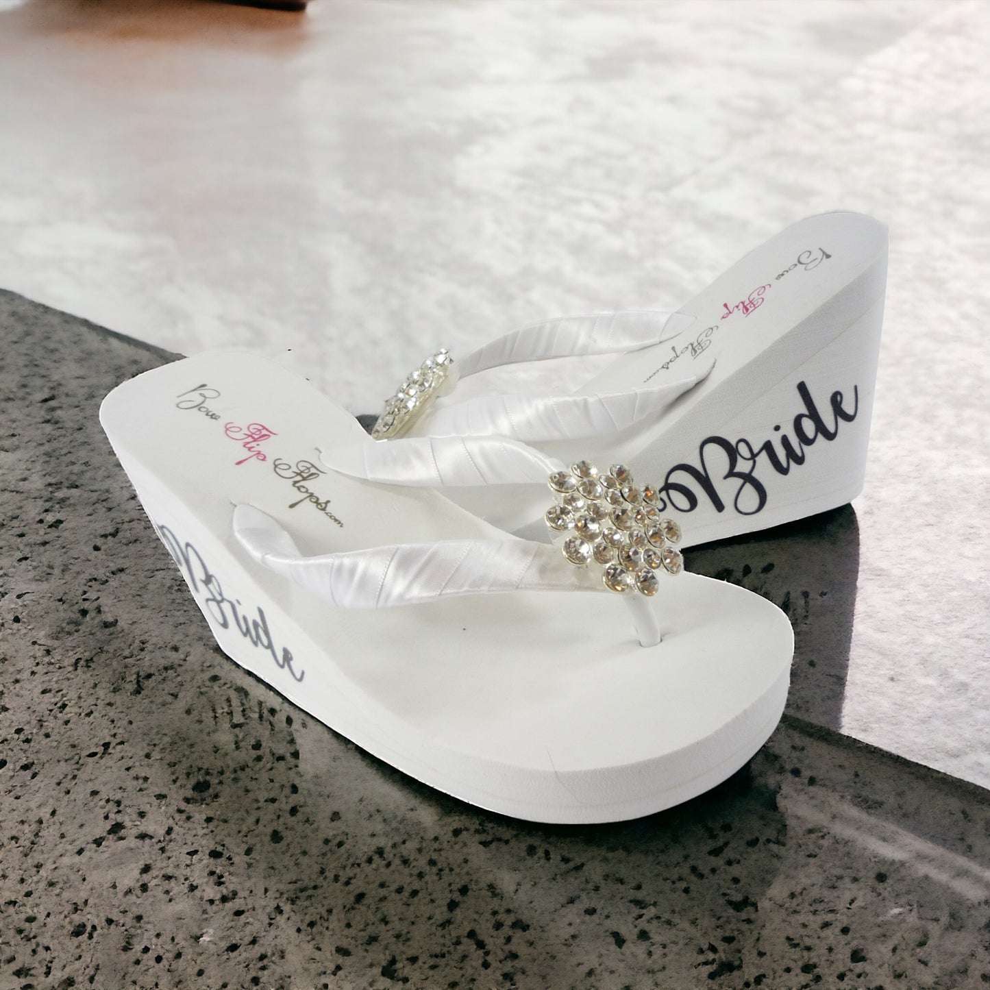 White & Silver Bride Wedge Heel Sandal Flip Flops with Large Jewel Rhinestone Bling