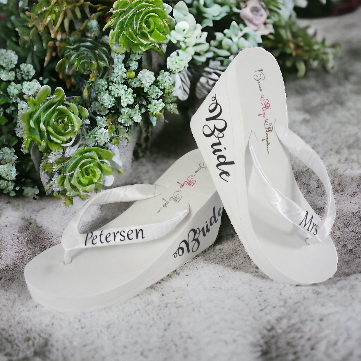 Lavender Bride on Side of Mrs Wedding Flip Flop Sandals