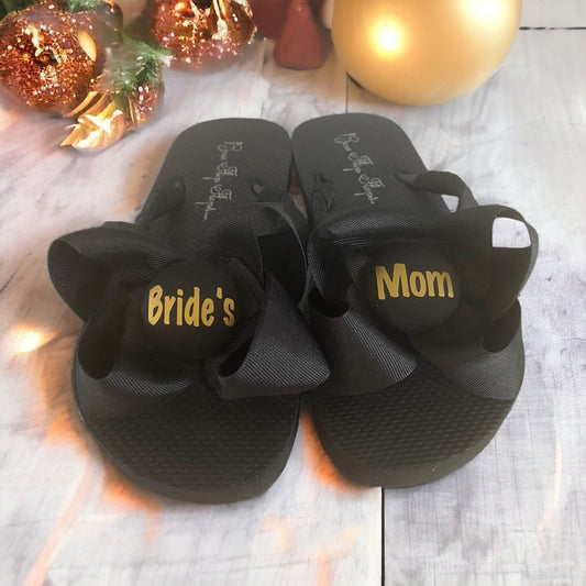 Black & Gold Bride's Mom Bow Flip Flops