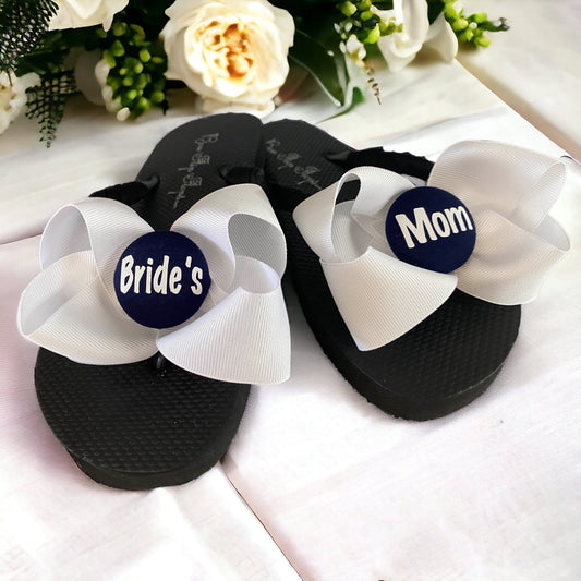 Bride's Mom Flip Flops in Black Flats with White Bows