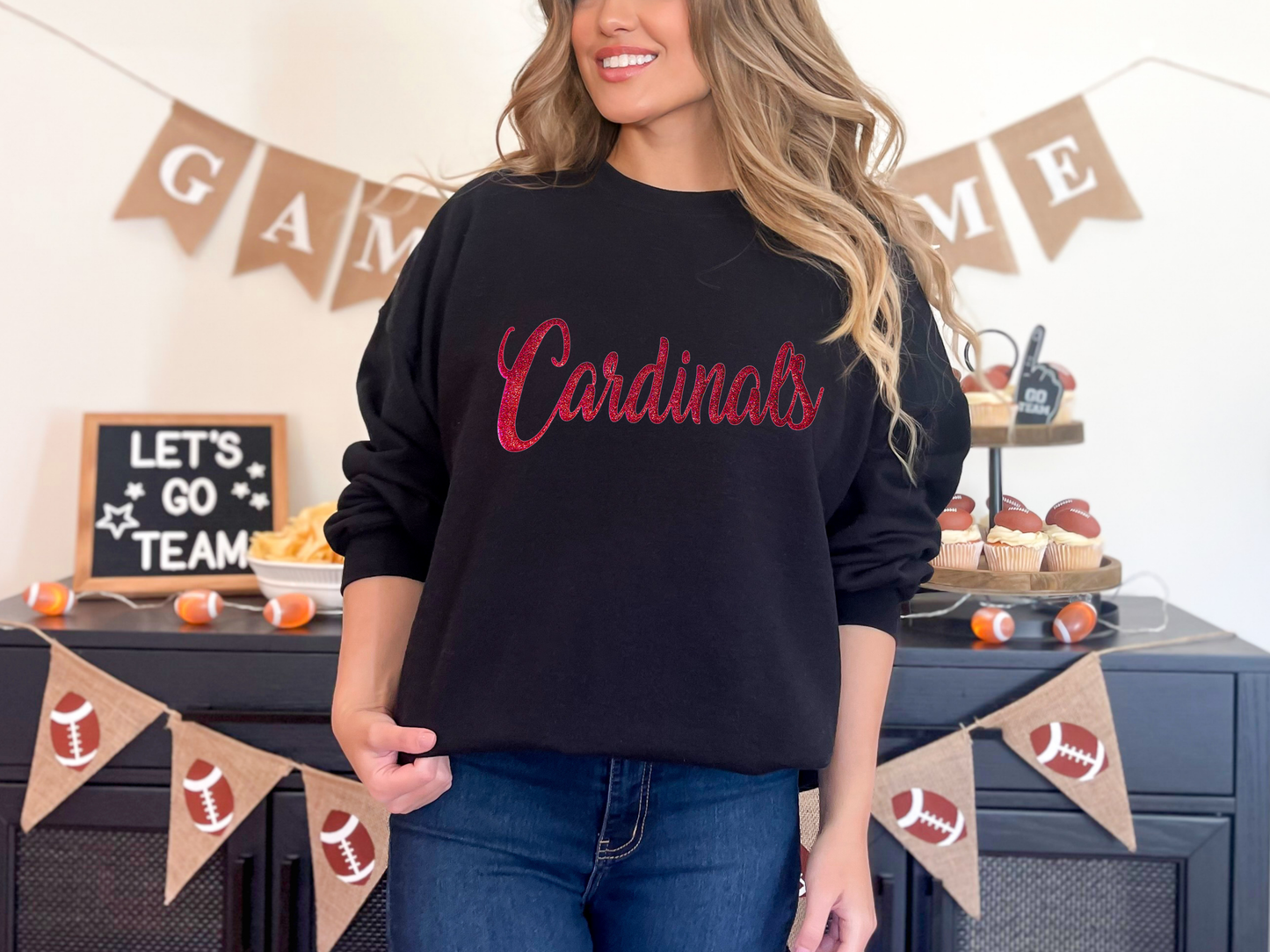 Cardinals or Your Team Name Glitter Sweatshirt, Customizable & Personalized Pullover, Black Red and More Colors