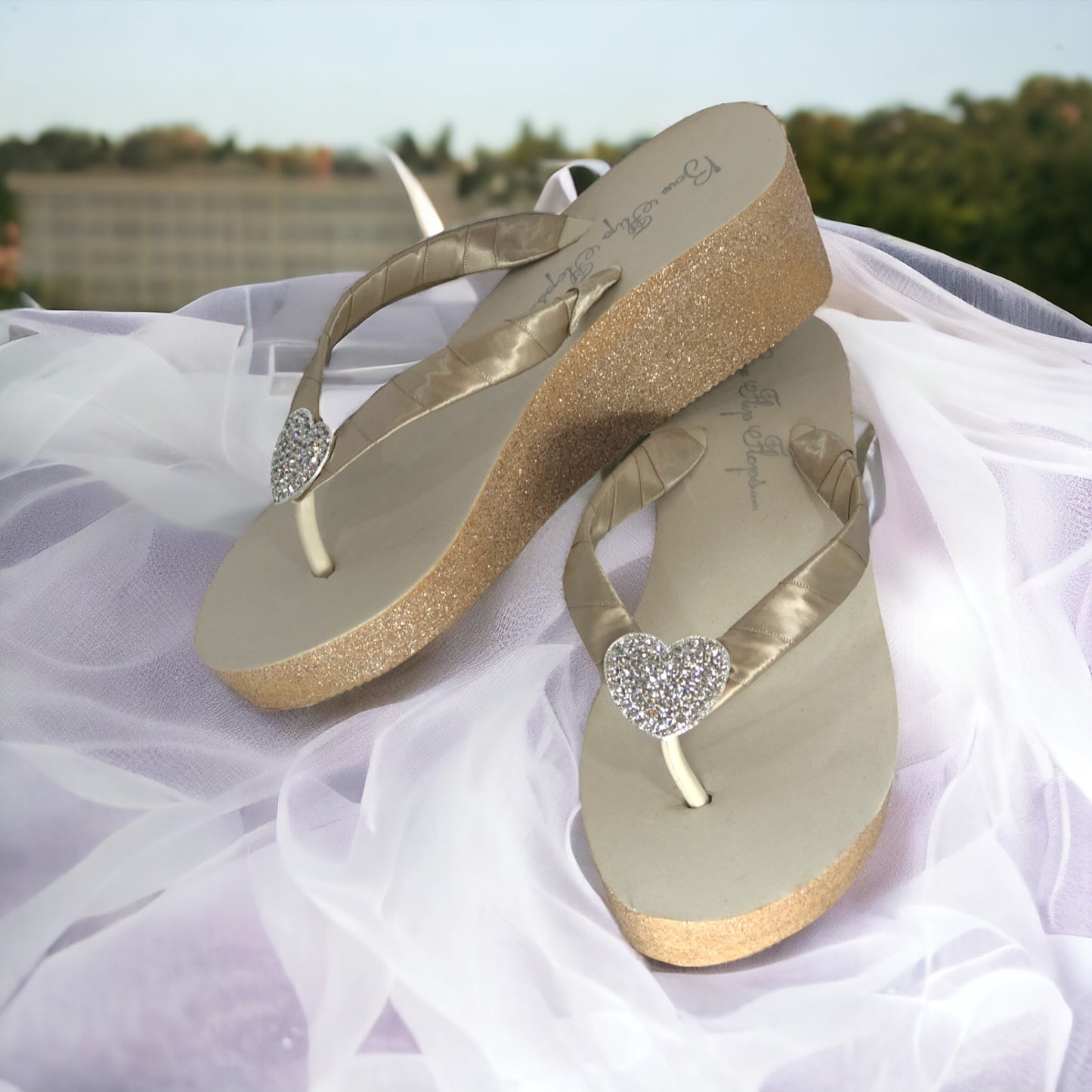 Wedge Heel Glitter Flip Flops, Rhinestone Princess Tiara, Ivory Black Champagne, Choose Your Colors
