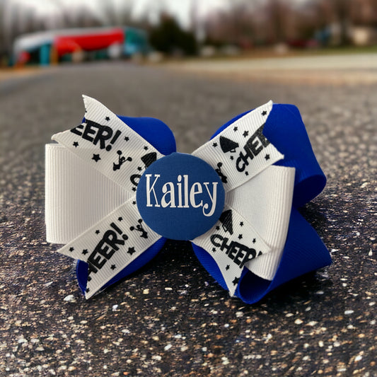 Cute Cheerleader Glitter Hair Bow in Her Name, Blue White or Your Colors