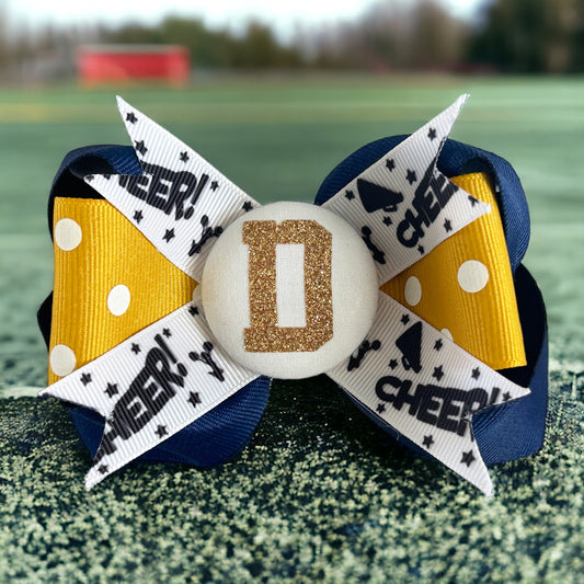 Cute Cheer Ribbon Personalized Glitter Initial Hair Bow, Navy Gold White or Match your Team