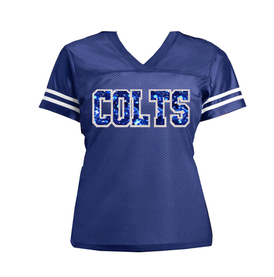 Colts Glitter Women’s Jersey Football Shirt in Royal Blue Sparkles, Indianapolis