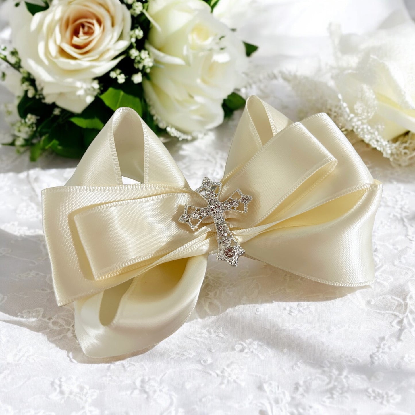 White Cross Rhinestone Hair Bow Clip, Baby or Big Girl, Baptism, Communion