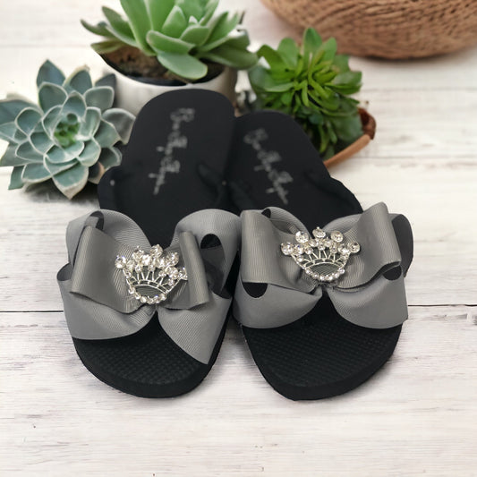 Gray Bow Flip Flops Rhinestone Crown, Choose Colors & Embellishment