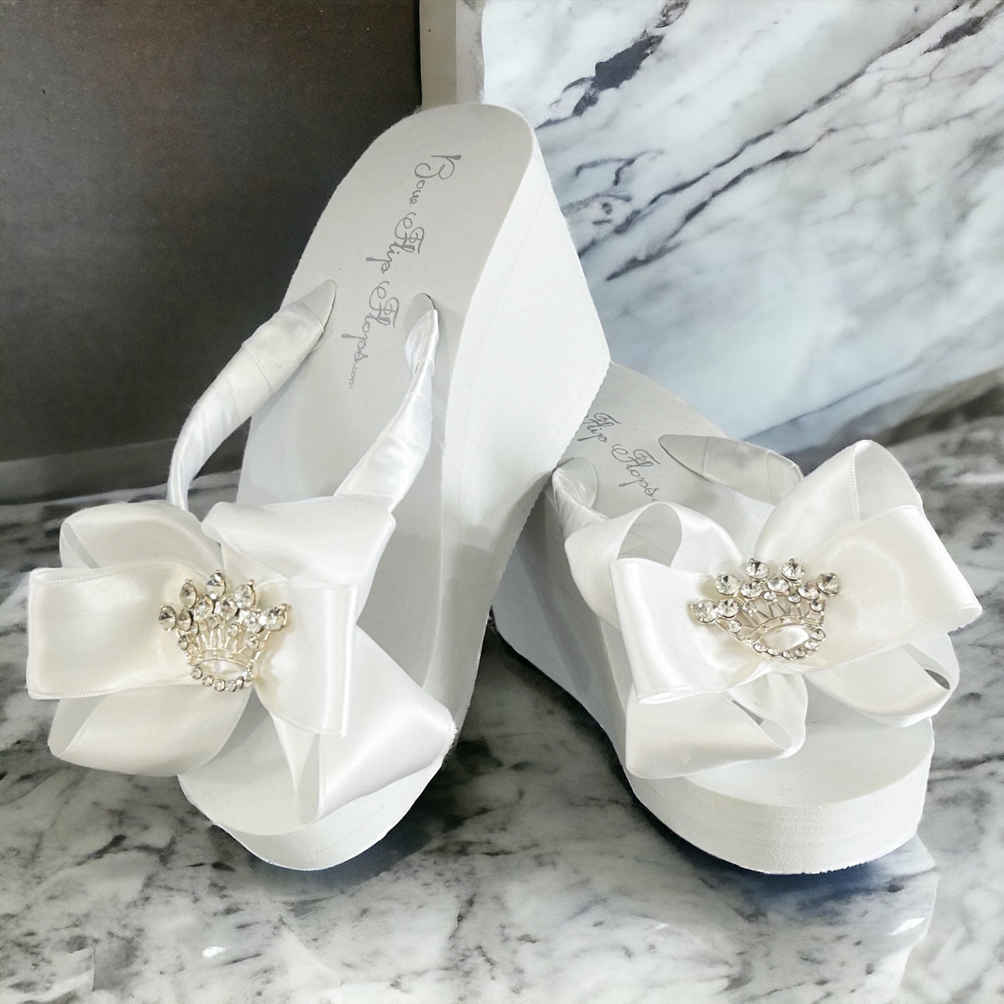 Bow Flip Flops with White Satin & Big Rhinestone Embellishment Sparkles